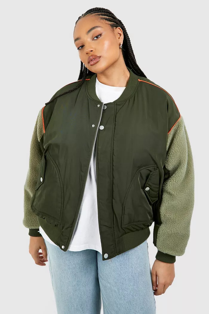Plus Teddy Sleeve Bomber Jacket | boohoo (US & Canada)