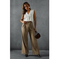 Womens Wide Leg Asymmetric Waistband Pants - Beige - 10 | boohoo (US & Canada)