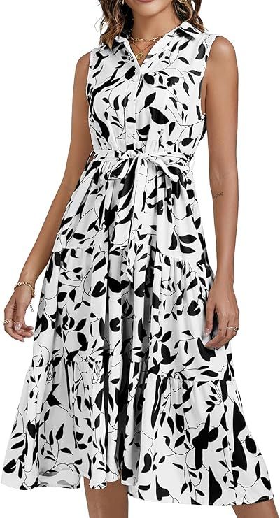 LYANER Women's Floral Button Up Collar Tie Waist Tiered Ruffle Sleeveless Midi Dress | Amazon (US)