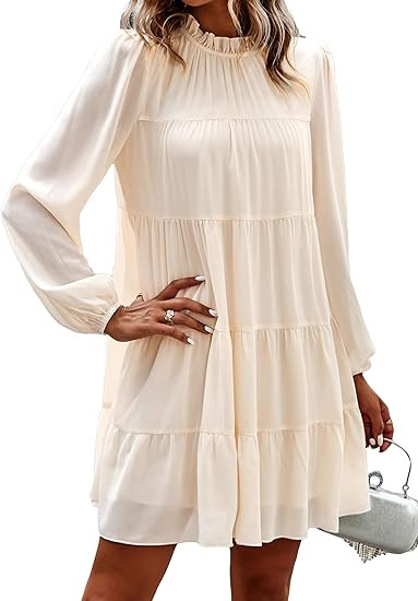 KIRUNDO Women's Long Sleeve Ruffle Mock Neck Tiered Mini Babydoll Dress Casual Flowy Swing Tunic ... | Amazon (US)