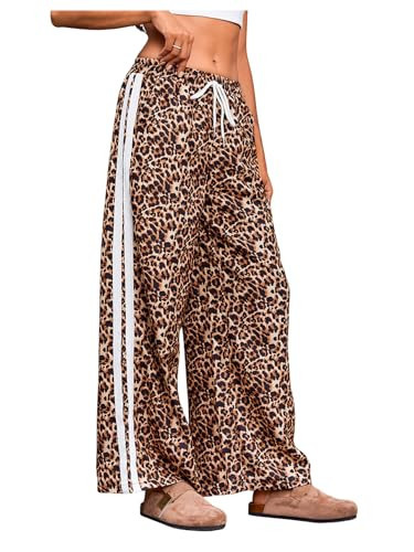 MakeMeChic Women's Leopard Wide Leg Sweatpants Cheetah Y2K Elastic Waist Pants Multicolor Brown Medium | Amazon (US)