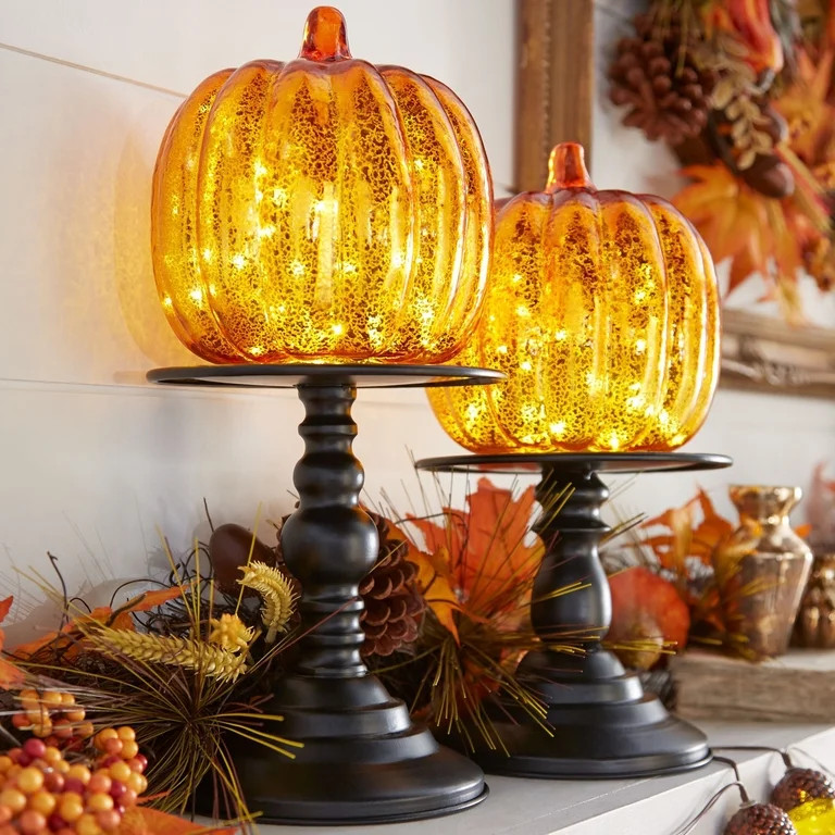 BrylaneHome 11"H X 6"Diam. Pre-Lit Mercury Glass Pumpkin On Metal Standard | Walmart (US)