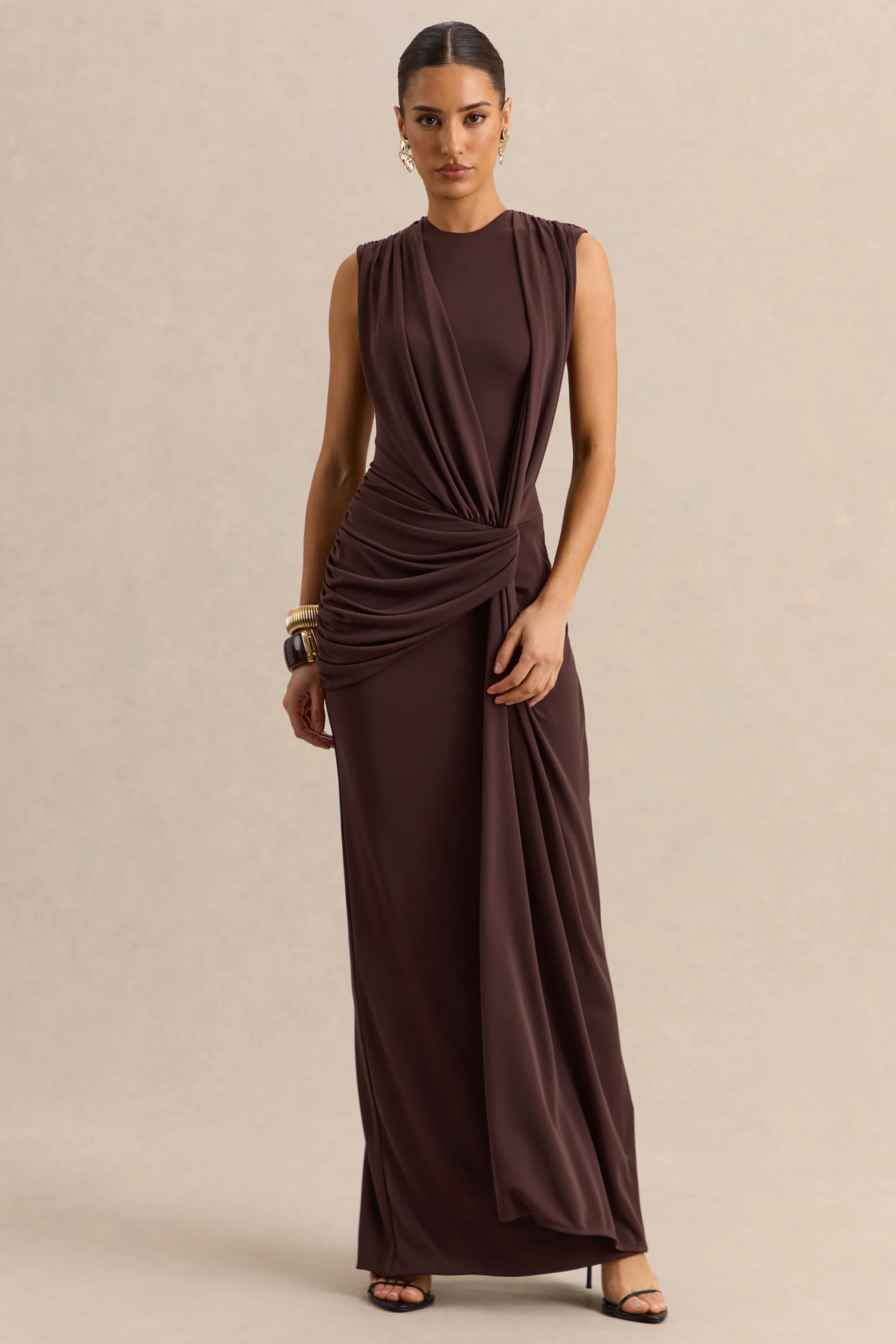 Blythia | Brown Round-Neck Maxi Dress With Gathered-Detailing | Club L London
