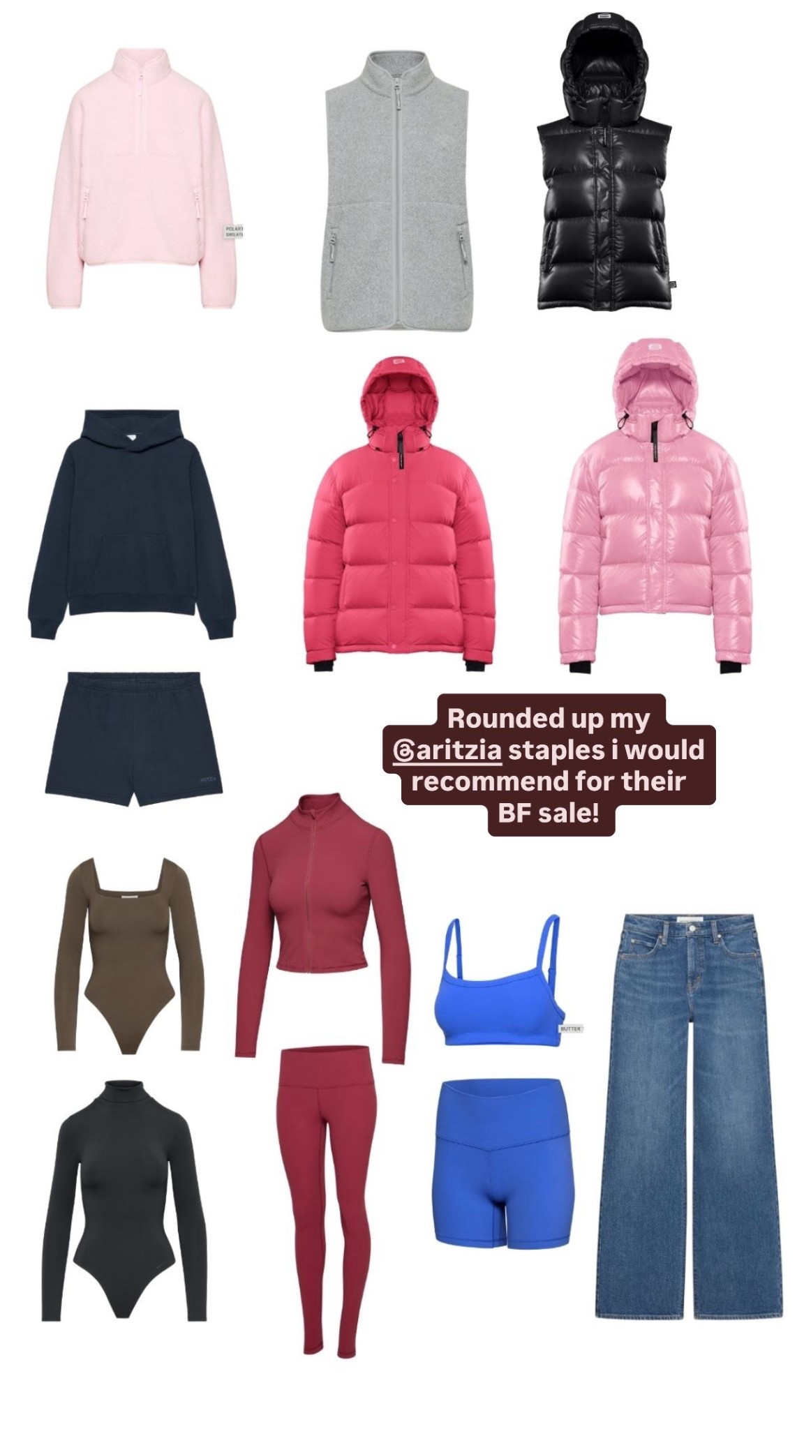 Aritzia staples!! Shop the sale until 12/1🤎
Sizes: 
High hip fleece: M or L
1/2 fleece: M or L
Fleece vest: S
Hoodies: L
Mega sweats: XS
Mega shorts: S
Superpuff: S or XS
Super puff vest: S
Butter bra: S
Butter shorts/leggings: 2 or 4
Butter zip/ S
Contour tops: S
Jeans: 25 shade “show me dark blue”
Fur coat: S

#LTKHoliday #LTKCyberWeek #LTKGiftGuide
