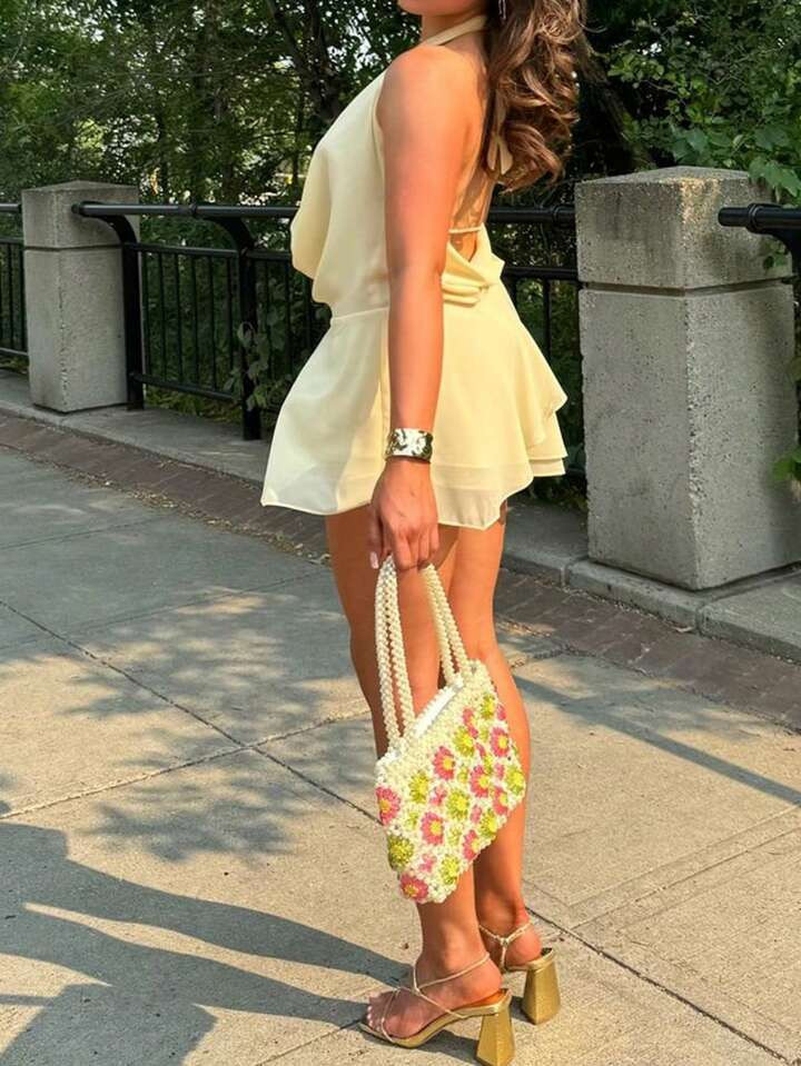 SHEIN SXY Women's Summer Solid Color Draped Neck Tie Front Sexy Mini Dress | SHEIN