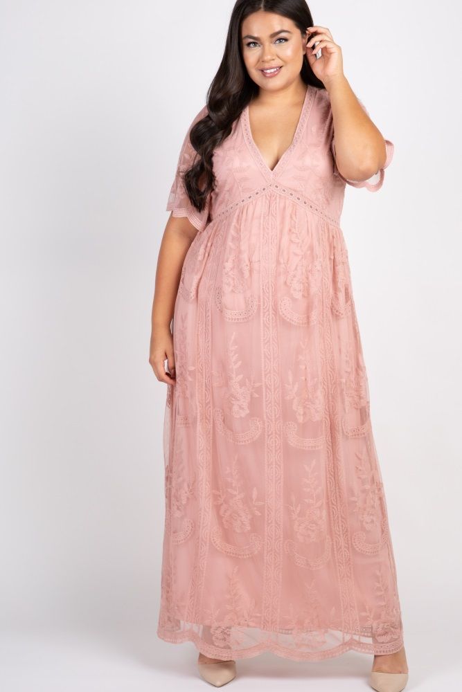 PinkBlush Light Pink Lace Mesh Overlay Plus Maxi Dress | PinkBlush Maternity