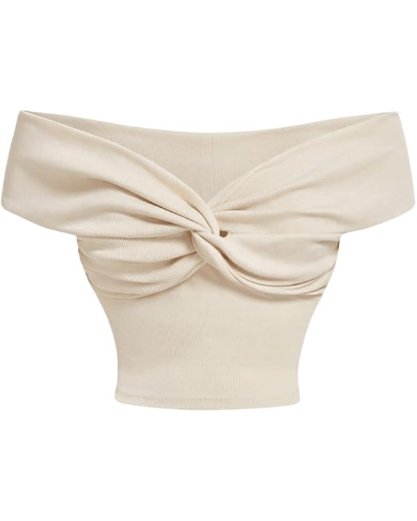 MakeMeChic Women's Twist Front Off Shoulder Crop Tops Y2k Short Sleeve Knit Fitted Summer Top | Amazon (US)