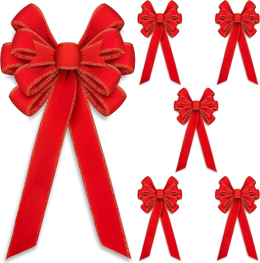 Gift Boutique 6 Pack Red Velvet Christmas Bows Large 11. 5” by 23” 10 Loop with Gold Wire Tri... | Amazon (US)