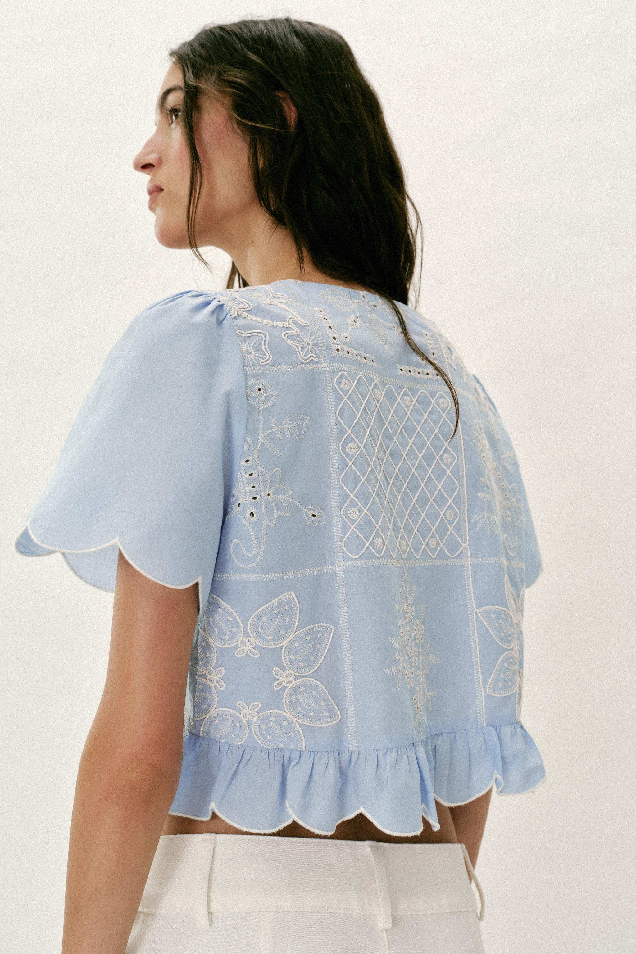 PERFORATED EMBROIDERED TIE BLOUSE | Zara US