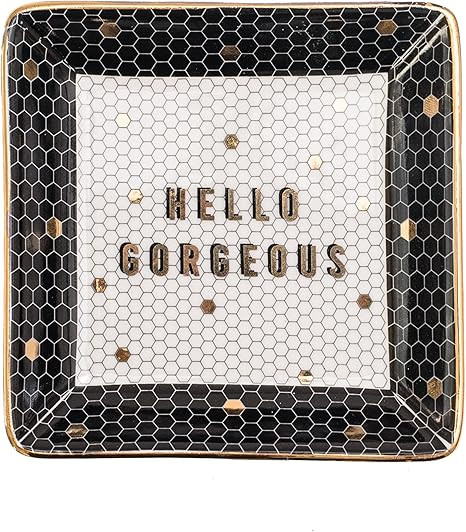 Hello Gorgeous Tile Jewelry Dish | Square Ceramic Trinket Tray | Gold Office Decor | Inspirationa... | Amazon (US)