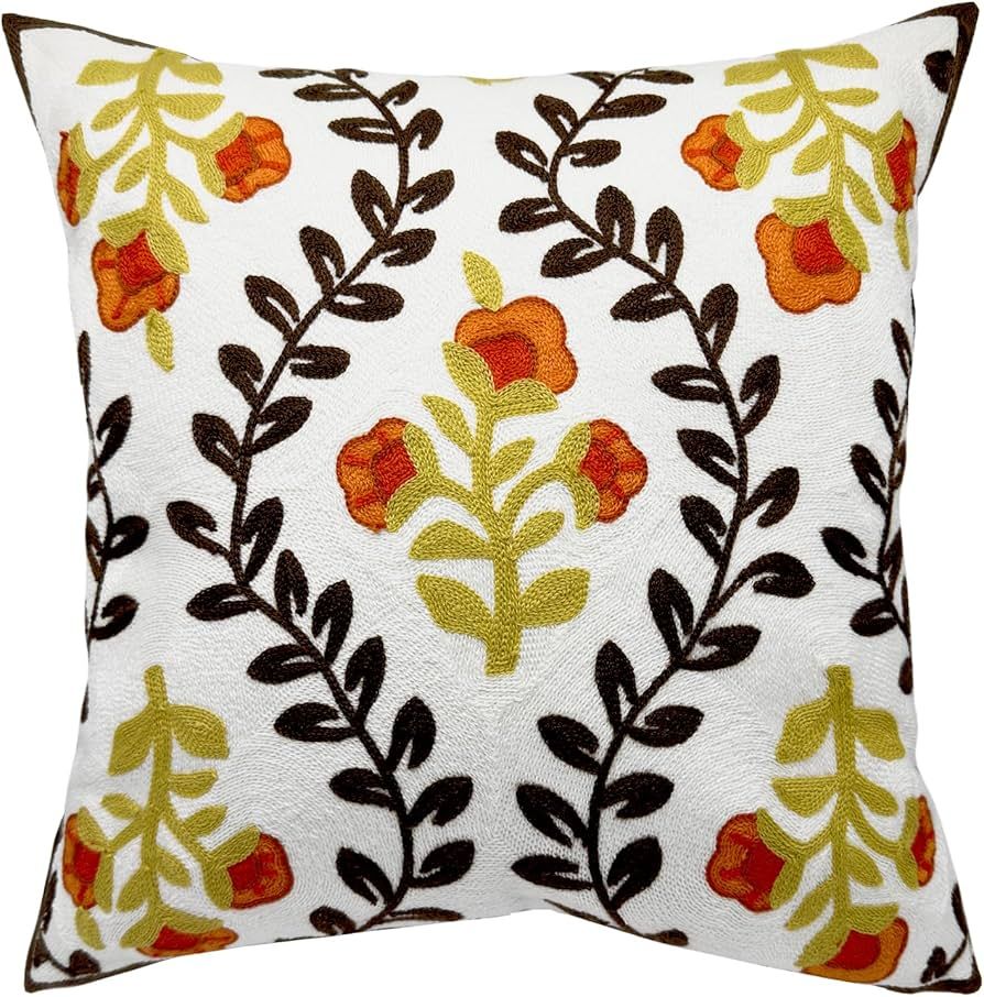 Alysheer Floral Embroidered Fall Decorative Throw Pillow Cover 18"x 18", Farmhouse Cottage Orange... | Amazon (US)