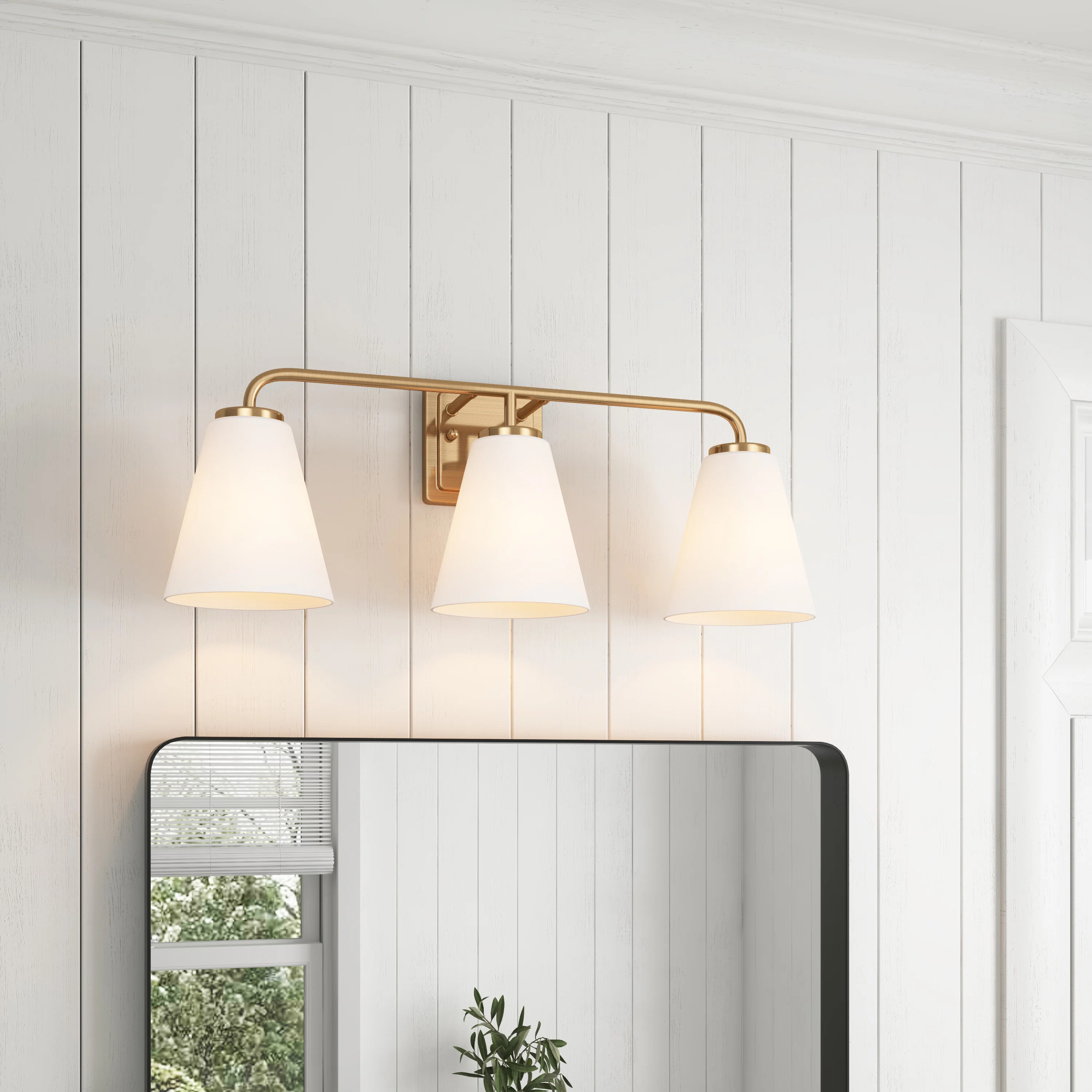 3 Light Brass Gold Bathroom Light Fixtures with Beige Glass | Wayfair North America