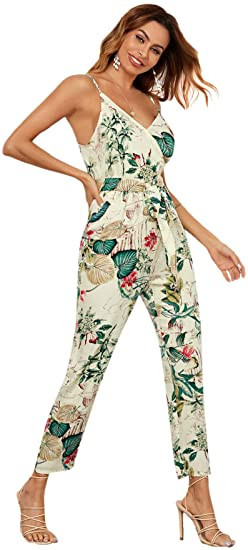 SheIn Women's Wrap V Neck Floral Print Adjustable Spaghetti Strap Tie Waist Jumpsuits | Amazon (US)