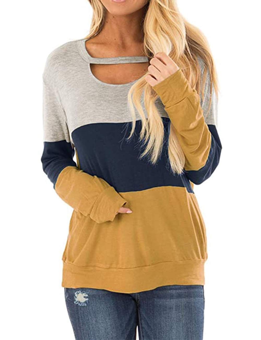 WNEEDU Women's Fall Casual Loose Tops Color Block Chest Cutout Tunics Long Sleeve Shirt Scoop Nec... | Amazon (US)
