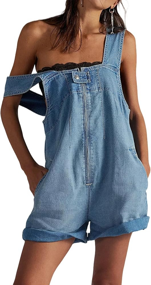 Amazon.com: Maohao Womens Denim Overalls Shorts Square Neck Front Zip Jumpsuit Vacation Casual Work Jeans Rompers with Pockets(Blue,XS) : Clothing | Amazon (US)