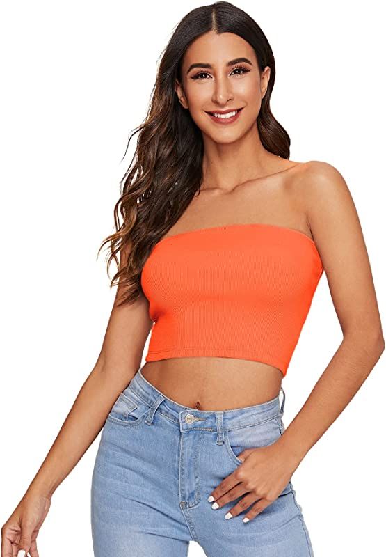 SheIn Women's Casual Summer Solid Knit Strapless Basic Crop Bandeau Tube Top | Amazon (US)