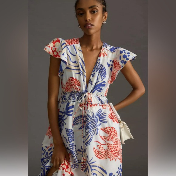 FARM RIO Anthropologie Printed  Ruffle-Sleeve V-Neck Dress Size XS, $235 | Poshmark