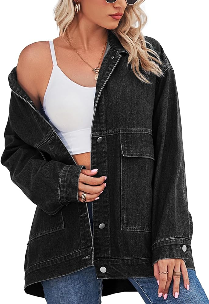 PAODIKUAI Women's Oversized Denim Jacket Casual Long Sleeve Vintage Jean Jacket Top Coat with Poc... | Amazon (US)