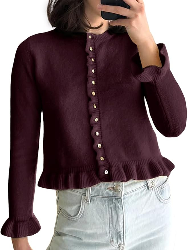 Yimoon Women's Cropped Cardigan Sweater Ruffle Frilly Long Sleeve Button Down Cute Knit Outwear 2... | Amazon (US)