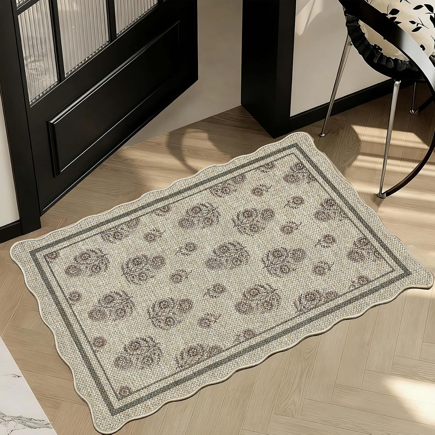 ORTIGIA Scalloped Easy Jute 2x3 Area Rug Vintage Brown Block Floral Doormat | Amazon (US)