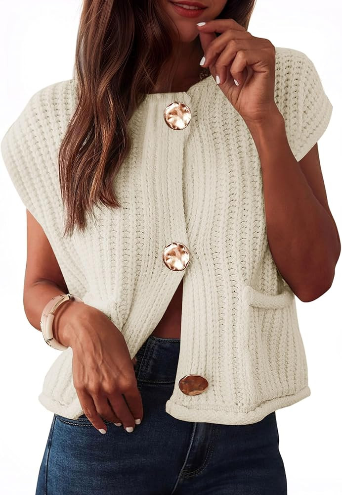 Baonmy Women's Sleeveless Cropped Chunky Knit Cardigan 2025 Casual Button Down Crochet Sweater Ve... | Amazon (CA)