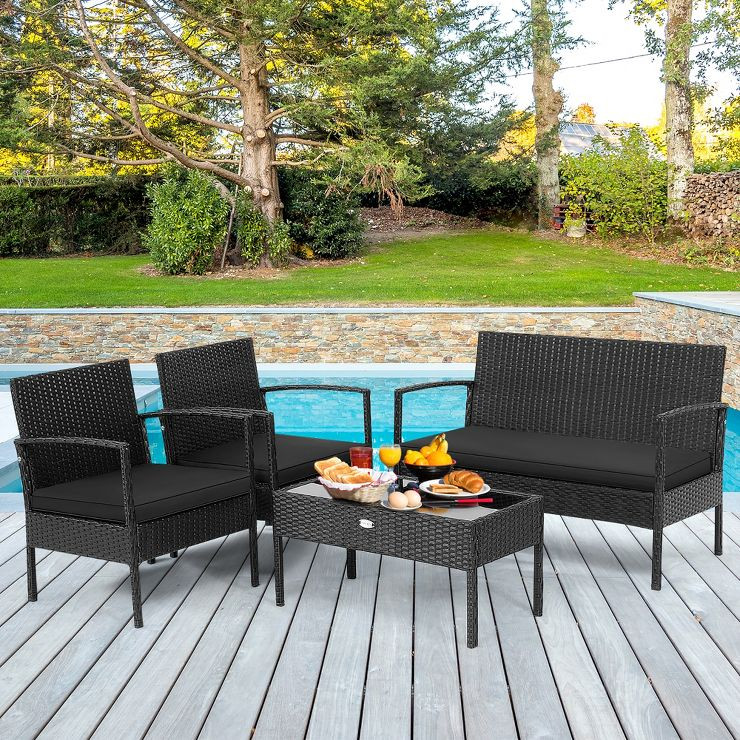 Costway 4 PCS Patio Rattan Furniture Set Cushioned Sofa Armrest Garden Black | Target