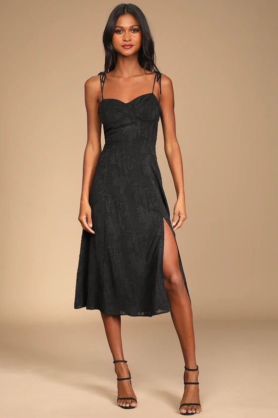 Loveliest Looks Black Floral Jacquard Tie-Strap Midi Dress | Lulus (US)