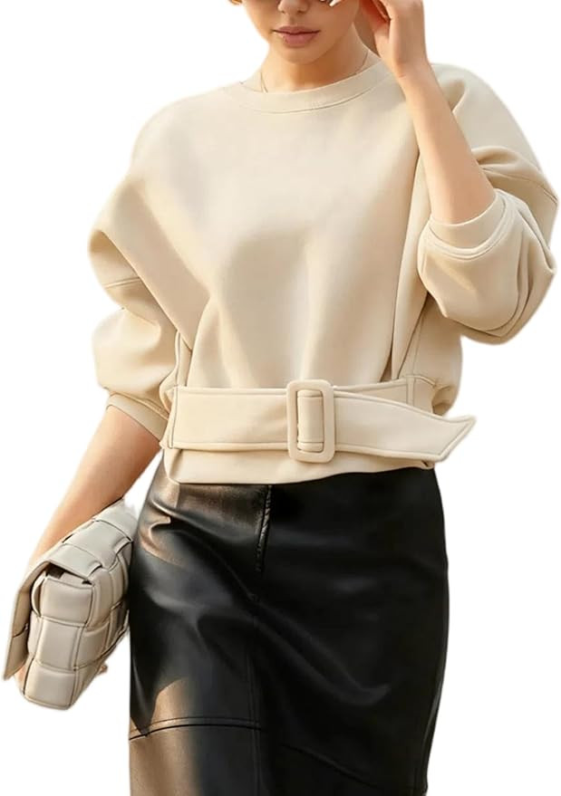 Yidarer Womens Cropped Crewneck Sweatshirt Belted Long Sleeve Loose Fit Casual Pullover Y2K Top | Amazon (US)