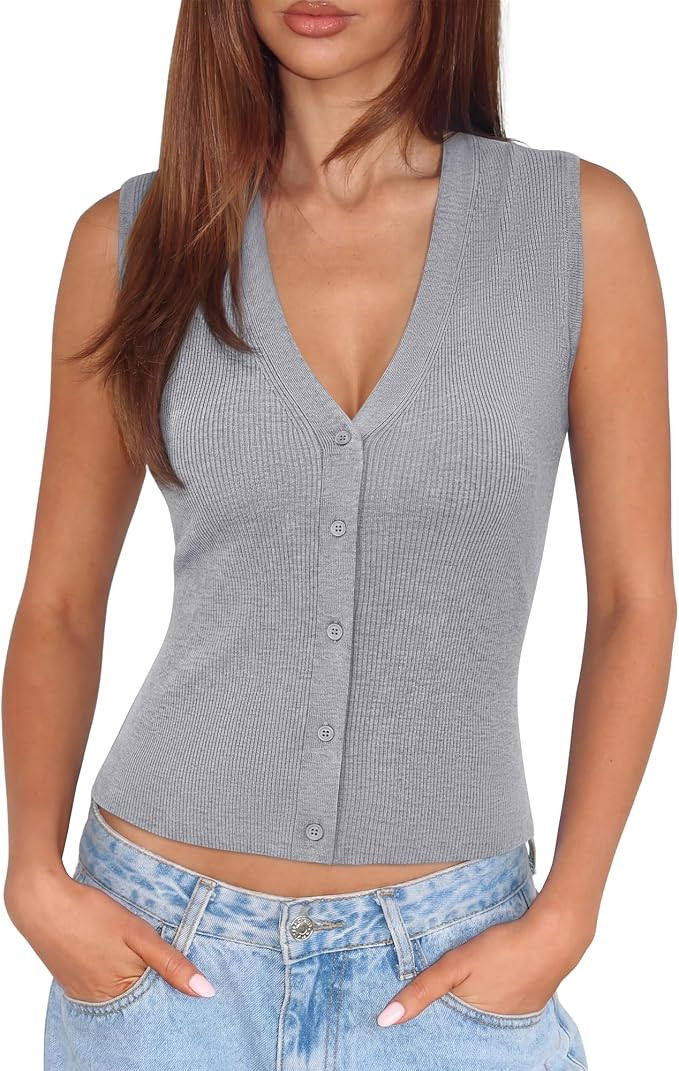 SUUKSESS Women Sleeveless Sweater Tops Summer V Neck Button Down Vest Tops Business Casual Work S... | Amazon (US)