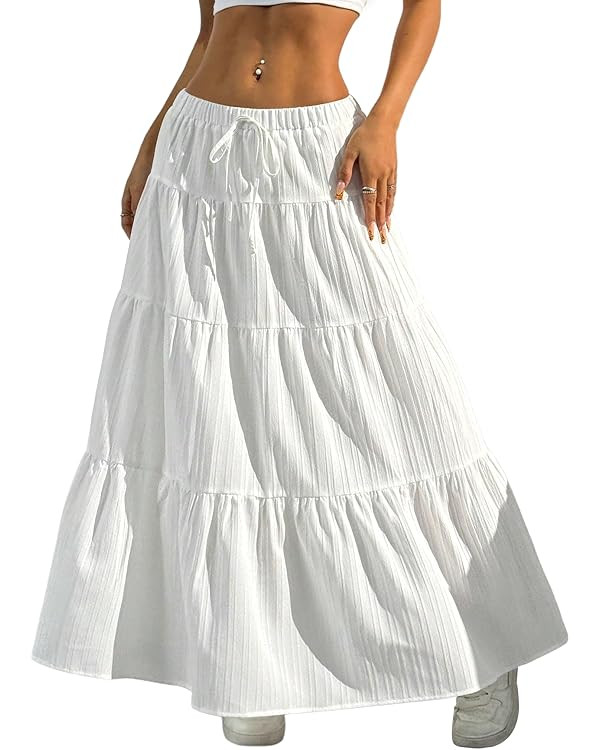 Verdusa Women's Long Maxi Skirt 2026 Boho Flowy Flared Ruffle Skirts Beach Vacation Going Out Out... | Amazon (US)