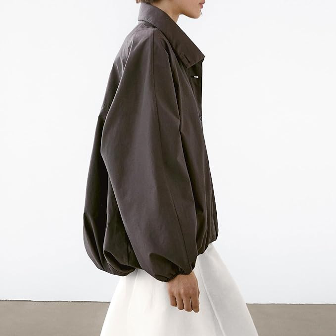 Women Bomber Jacket Casual Long Sleeve High Neck Zip Up Button Puff Fall Coats Lightweight Street... | Amazon (US)