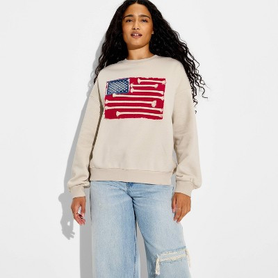 Women's Crewneck American Flag Graphic Pullover Sweatshirt - Cream S | Target