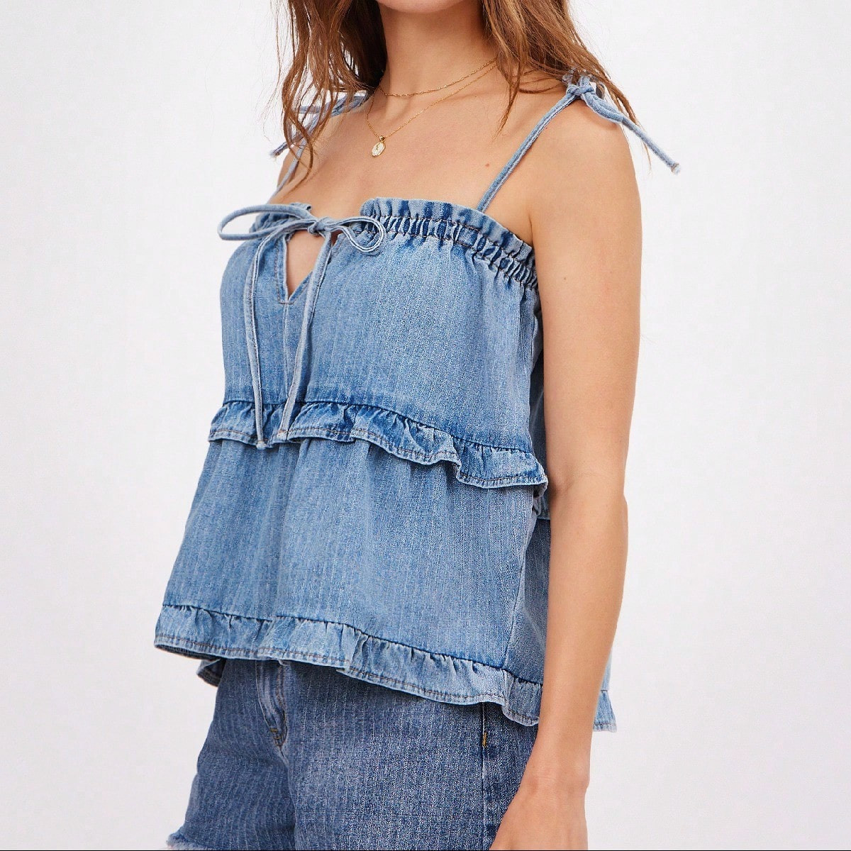 WESTFADE Bow Tie Front Ruffle Tiered Bow Straps Cotton Blend Denim Babydoll Top Summer 4th Of July Beach Vacation | SHEIN