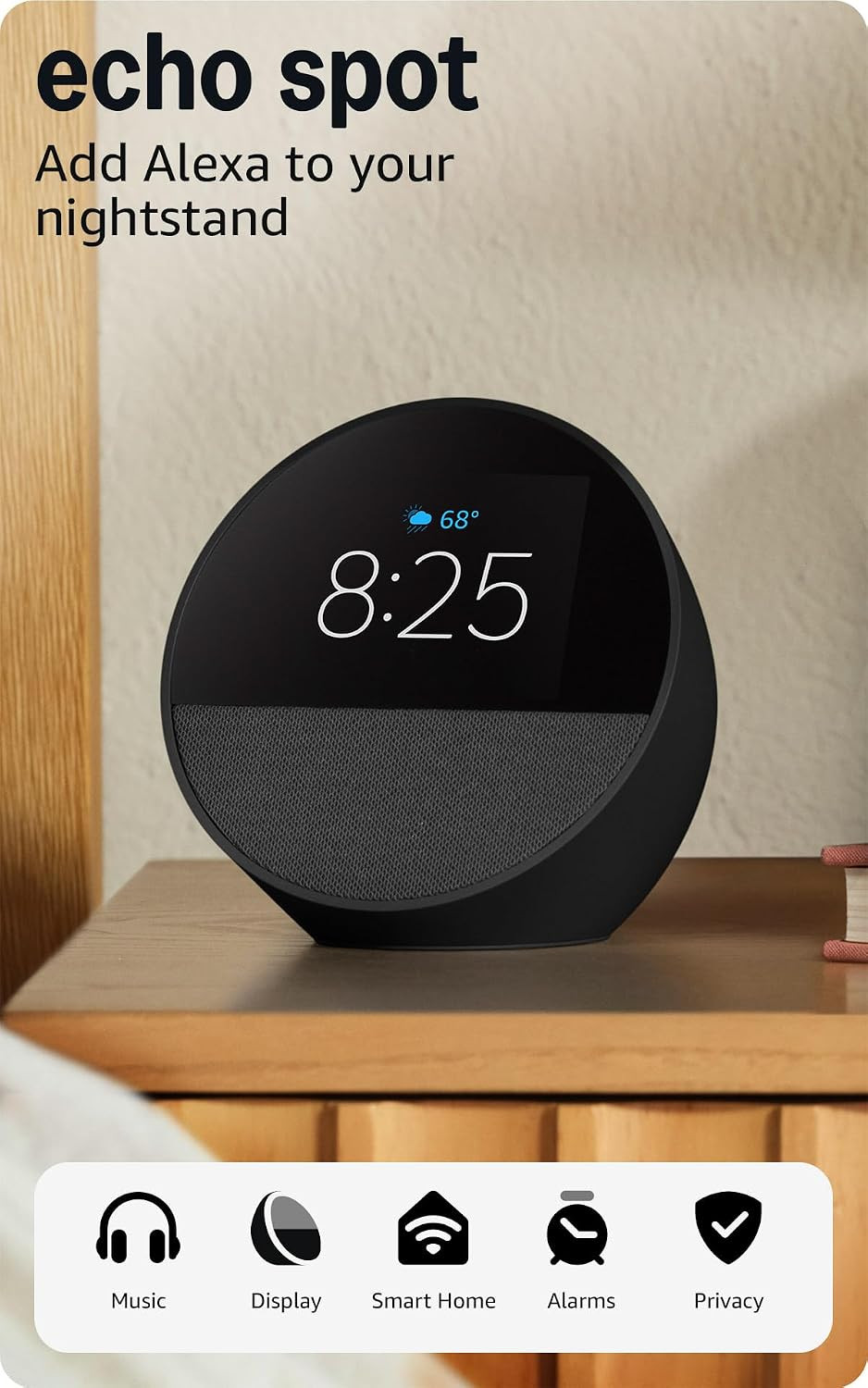 Amazon Echo Spot (newest model), Great for nightstands, offices and kitchens, Smart alarm clock, Designed for Alexa+, Black | Amazon (US)