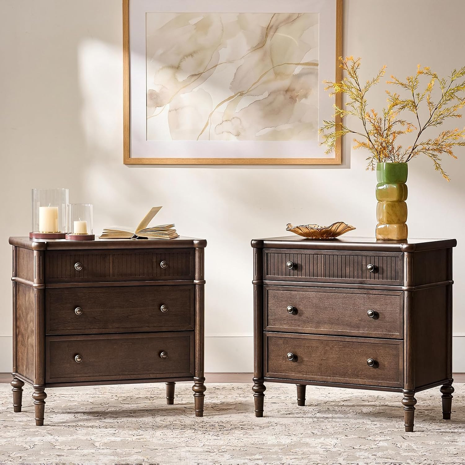 HULALA HOME Traditional End Table with Charging Station, Fluted End Tables with Wood Drawers and Solid Wood Spindle Legs, 28 Inch Wide Storage Set of 2, Auburn | Amazon (US)