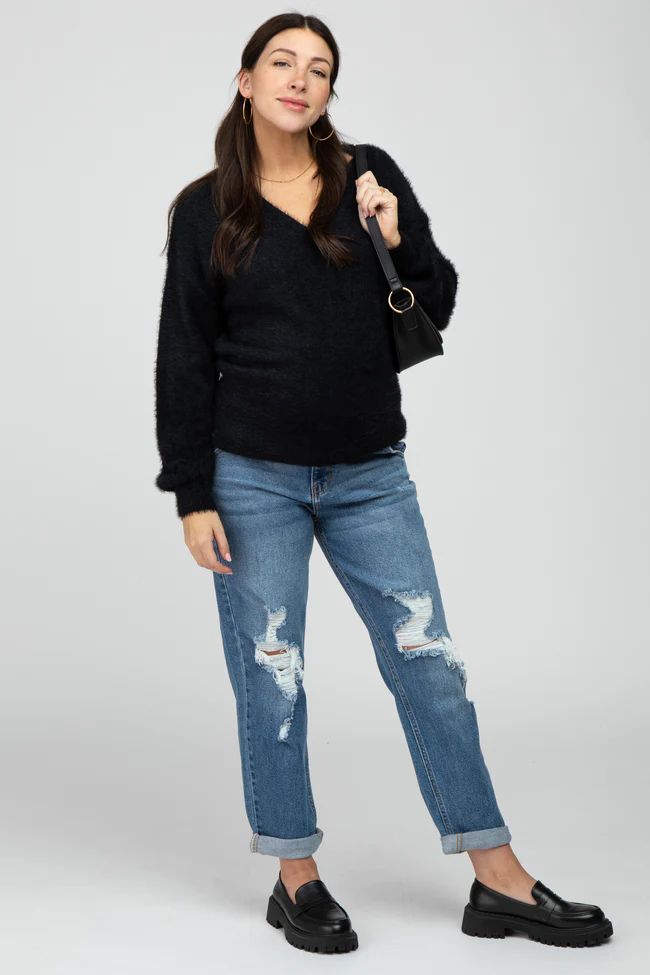 Blue Distressed  Cropped Straight Maternity Jeans | PinkBlush Maternity