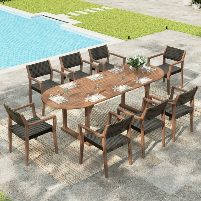 Alpha Joy 9-Piece Outdoor Patio Dining Set Wicker Rattan Chairs with Acacia Wood Structure and Ex... | Walmart (US)
