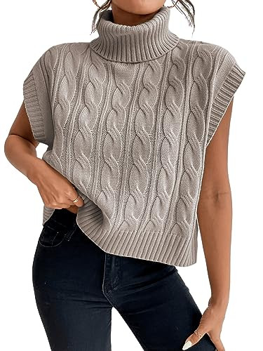 SweatyRocks Women's Casual Sleeveless Turtle Neck Sweater Vest Cable Knitted Solid Crop Tank Top Apricot M | Amazon (US)