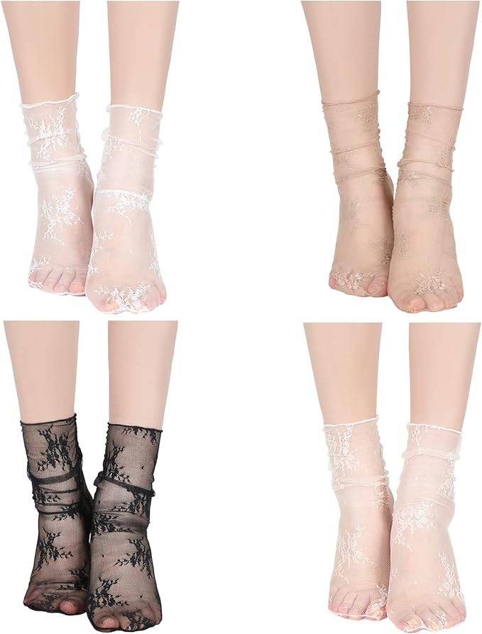 Bencailor 4 Pairs Women Sheer Slouch Socks Lace Mesh Novelty Decorated Nylon Loose Ankle High | Amazon (US)