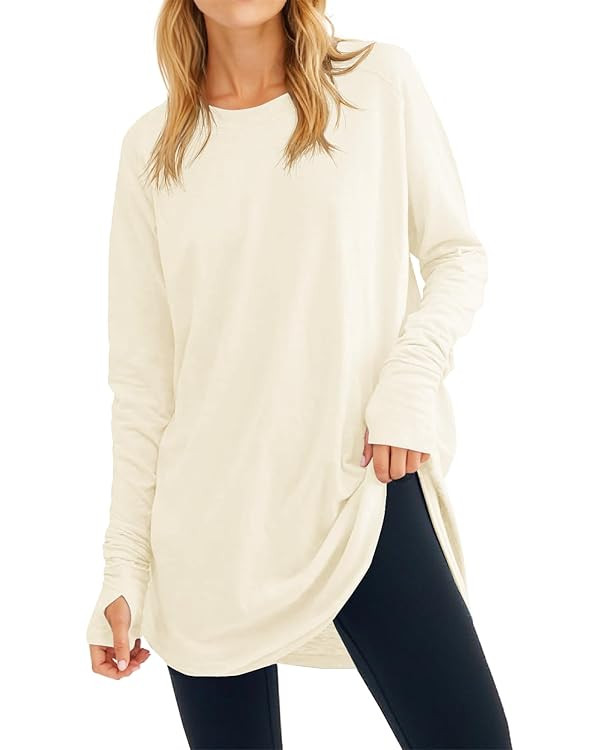 Fisoew Women's Casual Long Sleeve Tops Crew Neck Round Hem Loose T-Shirts Tunic Tops with Thumb H... | Amazon (US)