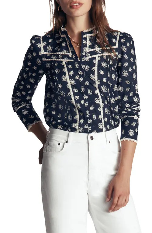 Boden Carmen Trim Insert Cotton Top in French Navy Delicate Garden at Nordstrom, Size 2 | Nordstrom