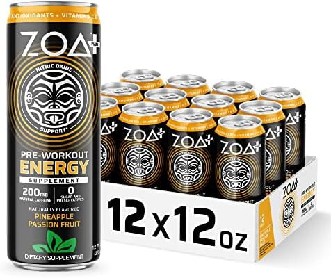 ZOA Plus Sugar-Free Pre-Workout Energy Drink Supplement, Pineapple Passion Fruit, 12 fl. oz. (12 Pac | Amazon (US)