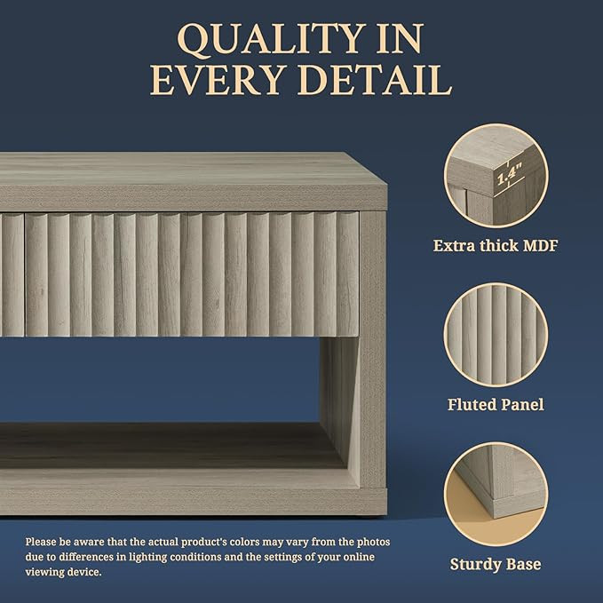 Coffee Table, Fluted Coffee Table with 4 Storage Drawers, Wood Coffee Table with Open Compartment... | Amazon (US)