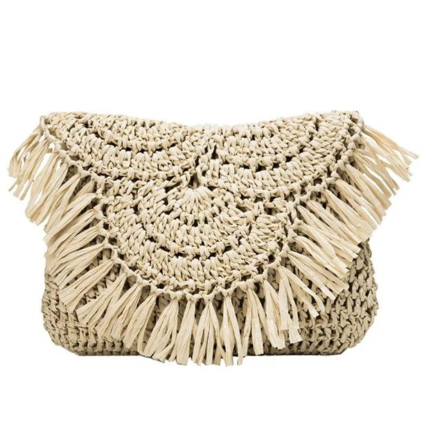Summer Women Ladies Tassels Straw Rattan Weave Shoulder Bag Flap Handbag (Beige) | Walmart (US)