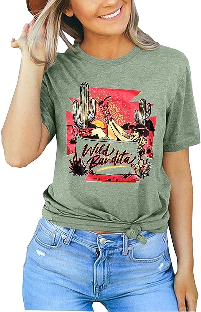 Wild Bandita Cactus T-Shirt for Women Funny Cowgirl Sunrise Graphic Tees Western Style Casual Short  | Amazon (US)