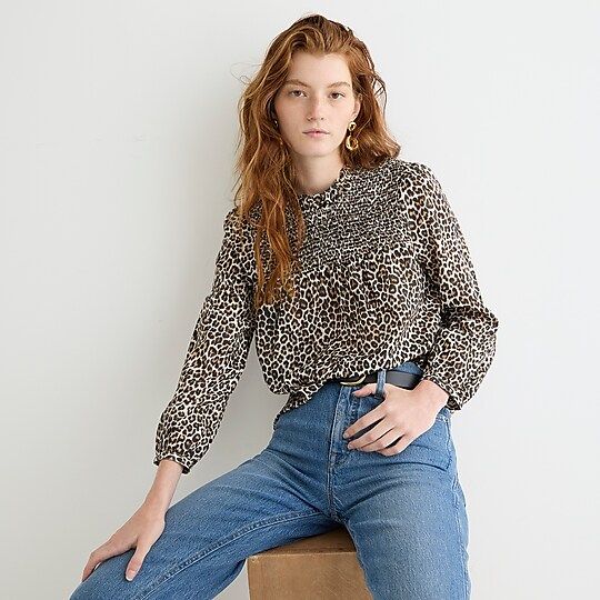 Smocked button-back top in leopard print | J.Crew US