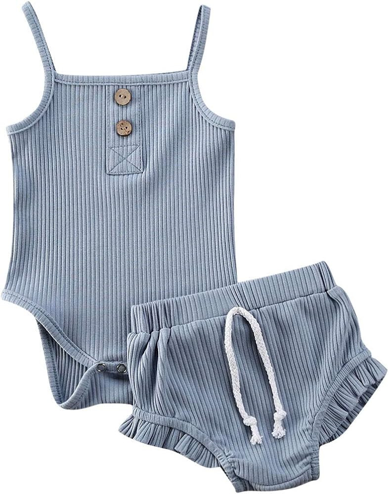 Baby Newborn Girls Summer Clothes Sleeveless Solid Color Ribbed Romper & Short Sets 2 Pieces Infa... | Amazon (US)
