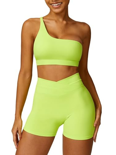 ABOCIW Workout Sets for Women 2 Piece One Shoulder Sports Bra Crossover High Waist Biker Shorts Yoga Gym Sets Green Large | Amazon (US)