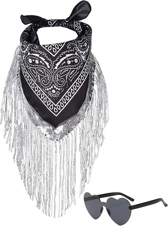 JIANGLAI Fringe Rhinestone Bandana & Heart Sunglasses,Disco Cowgirl Bachelorette | Amazon (US)