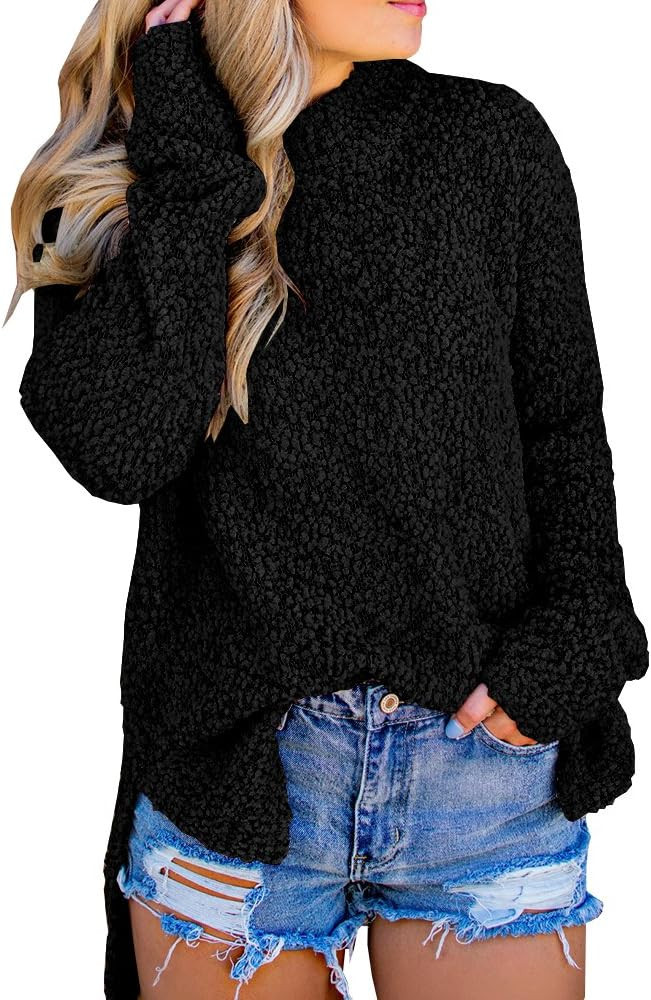 Imily Bela Womens Fuzzy Knitted Sweater Sherpa Fleece Side Slit Full Sleeve Jumper Outwears | Amazon (US)